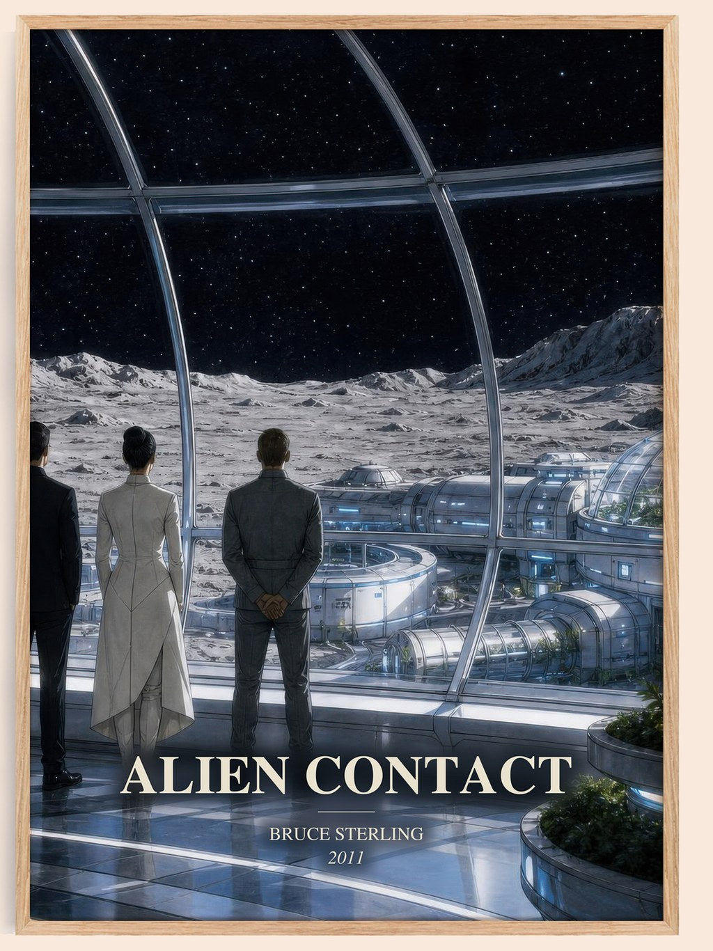 Alien Contact watercolour book poster by Bruce Sterling – framed literary art print