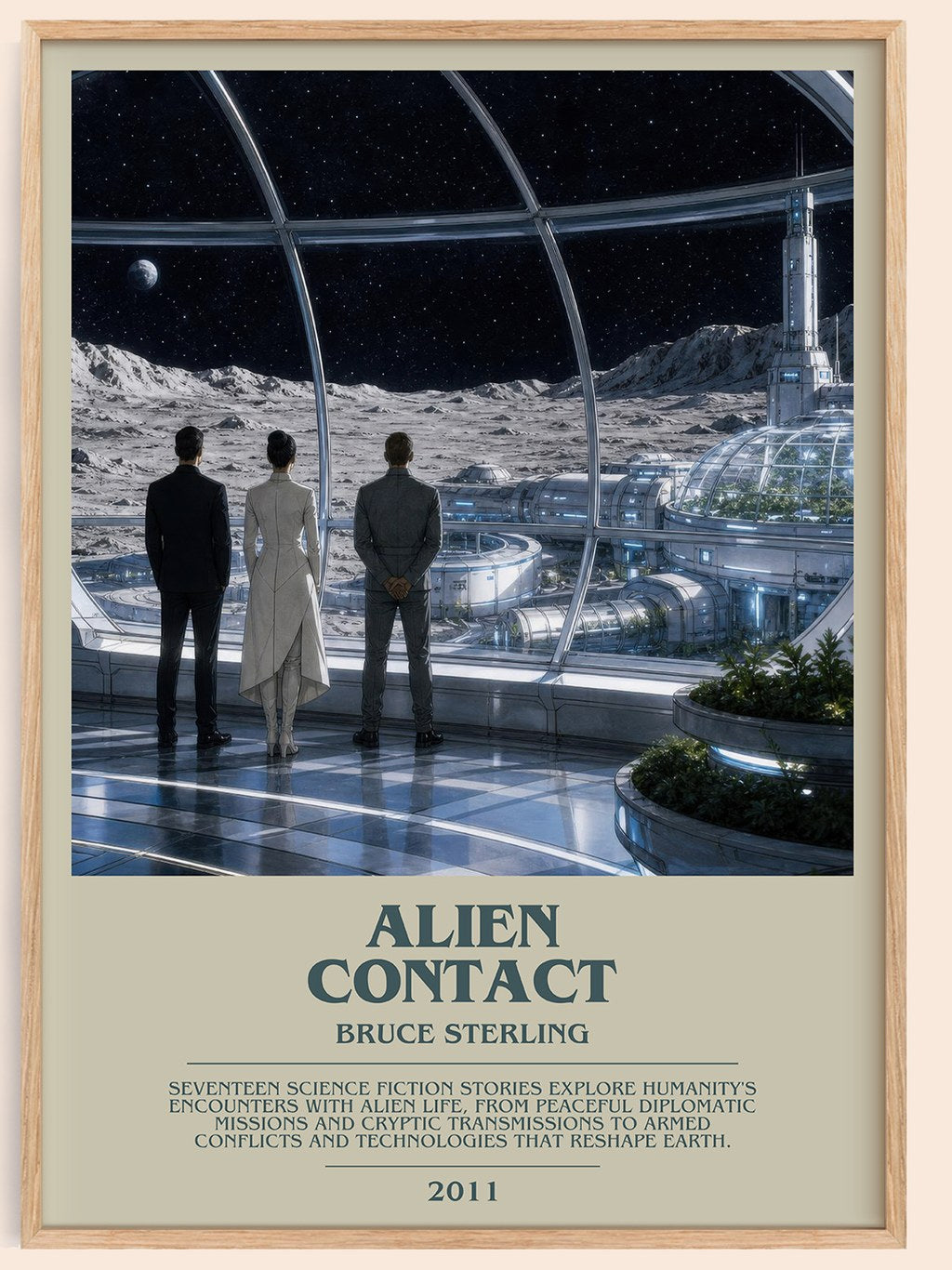 Alien Contact bookish book poster by Bruce Sterling – framed literary art print