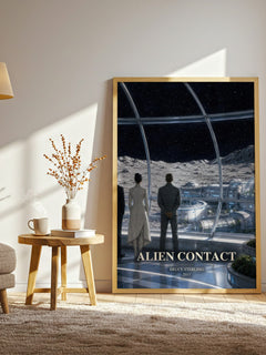 Alien Contact watercolour print in frame leaning in hallway – sci fi wall art