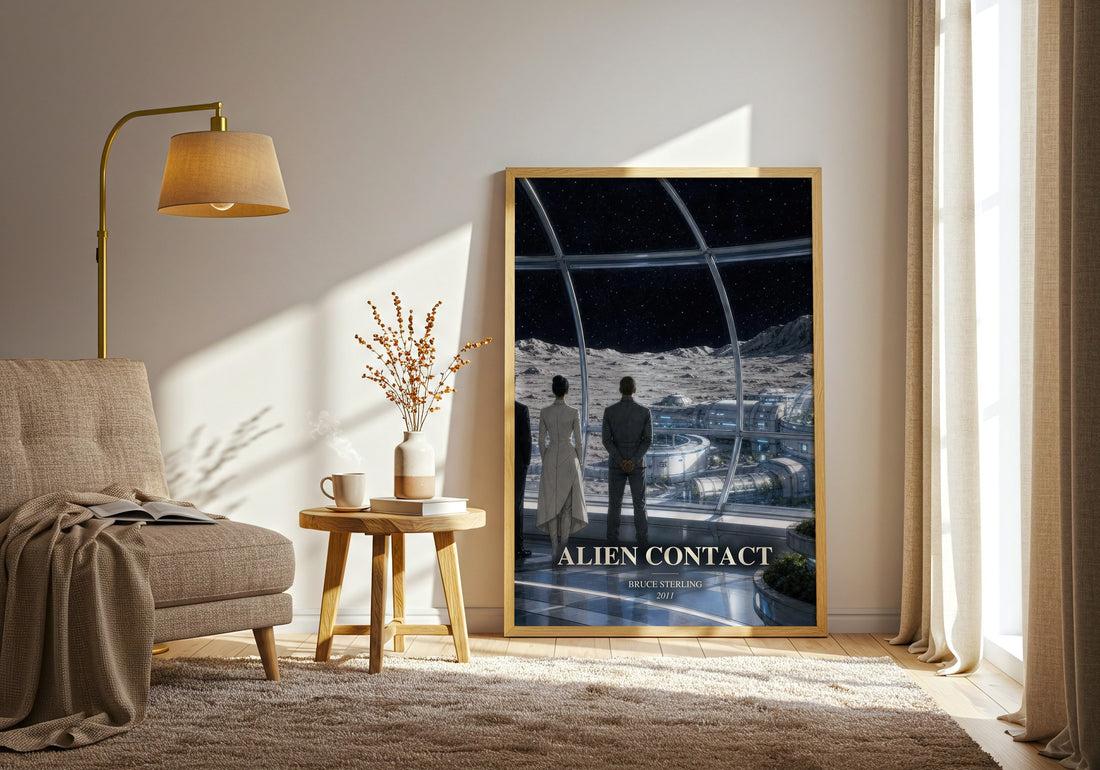 Alien Contact watercolour print in frame leaning in hallway – sci fi wall art