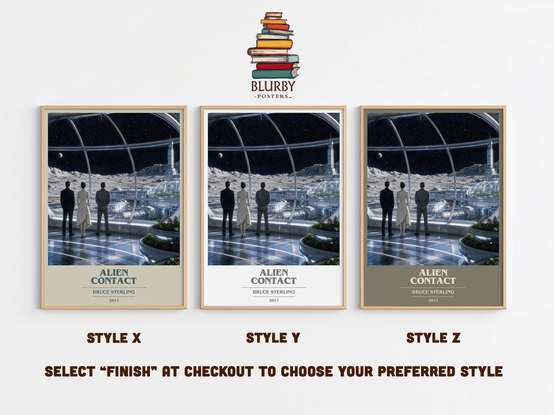 Alien Contact book cover print in frame leaning in hallway – sci fi wall art (mockup)