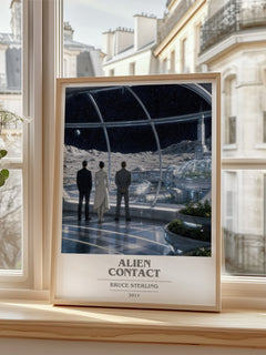Alien Contact book cover poster colour and style options – Bruce Sterling book art