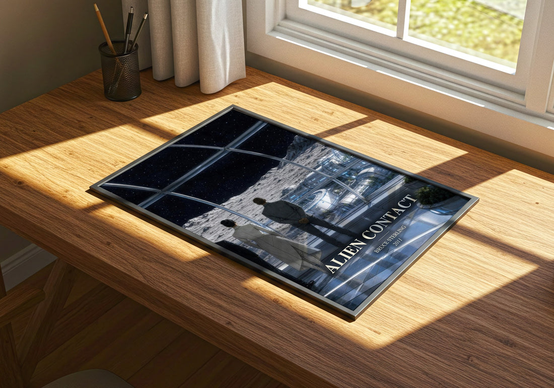 Alien Contact watercolour book poster framed on wall – sci fi wall art