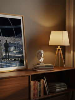 Alien Contact watercolour print on bookshelf – Bruce Sterling fan gift