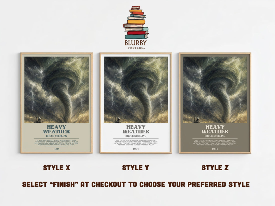 Heavy weather bookish print in frame leaning in hallway – sci fi wall art (mockup)