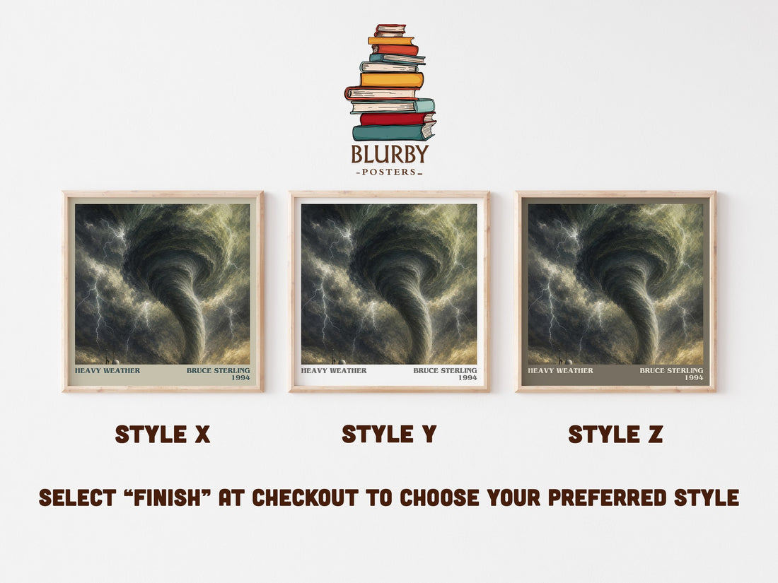 Heavy weather literary print in frame leaning in hallway – sci fi wall art (mockup)