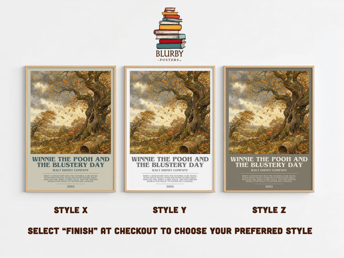 Winnie the Pooh and the Blustery Day bookish print in frame leaning in hallway – childrens wall art (mockup)
