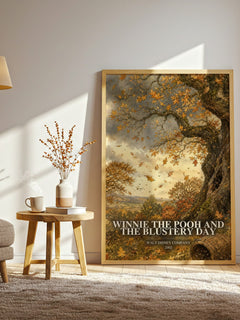 Winnie the Pooh and the Blustery Day watercolour print in frame leaning in hallway – childrens wall art