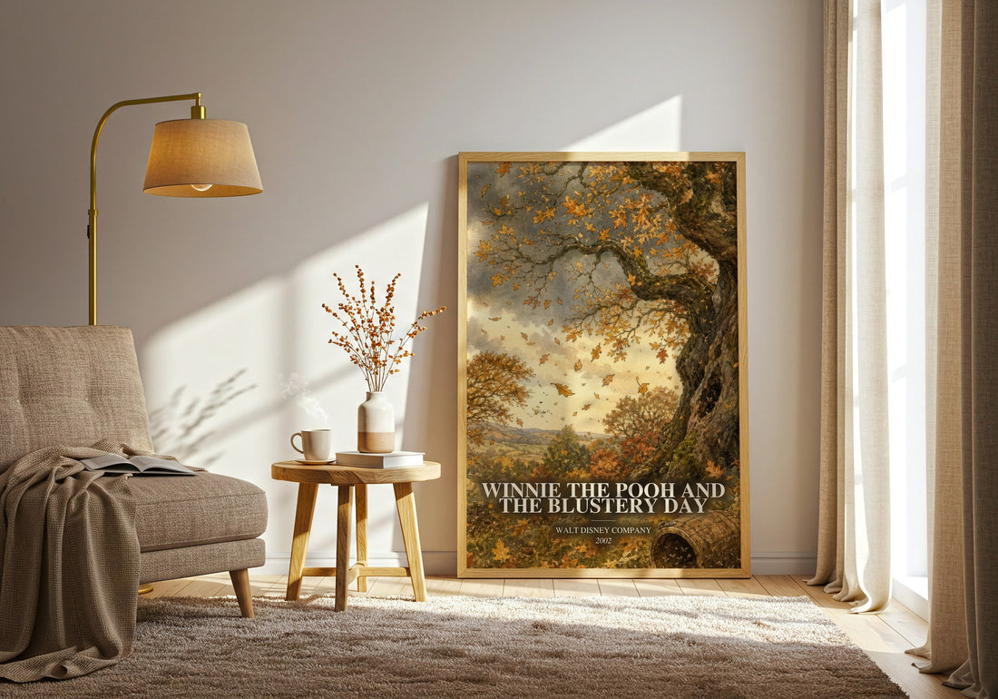 Winnie the Pooh and the Blustery Day watercolour print in frame leaning in hallway – childrens wall art