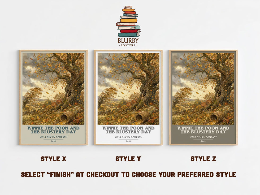 Winnie the Pooh and the Blustery Day book cover print in frame leaning in hallway – childrens wall art (mockup)