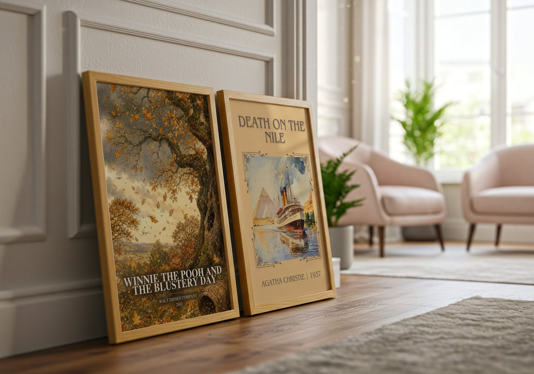 Winnie the Pooh and the Blustery Day watercolour print framed by window – literary home decor