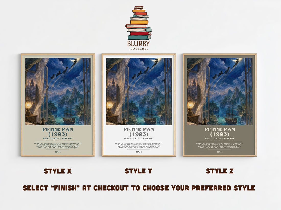 Peter Pan (1993) bookish print in frame leaning in hallway – childrens wall art (mockup)