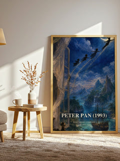 Peter Pan (1993) watercolour print in frame leaning in hallway – childrens wall art