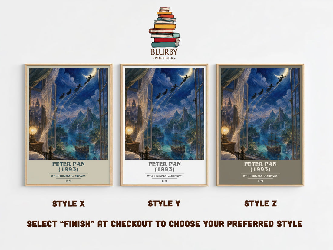 Peter Pan (1993) book cover print in frame leaning in hallway – childrens wall art (mockup)