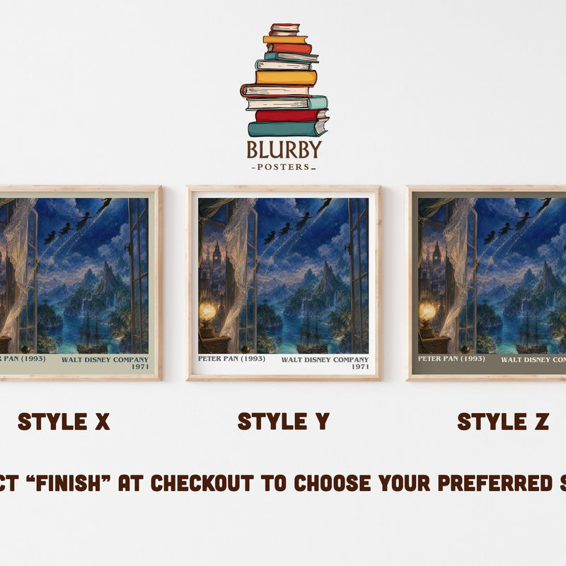 Peter Pan (1993) literary print in frame leaning in hallway – childrens wall art