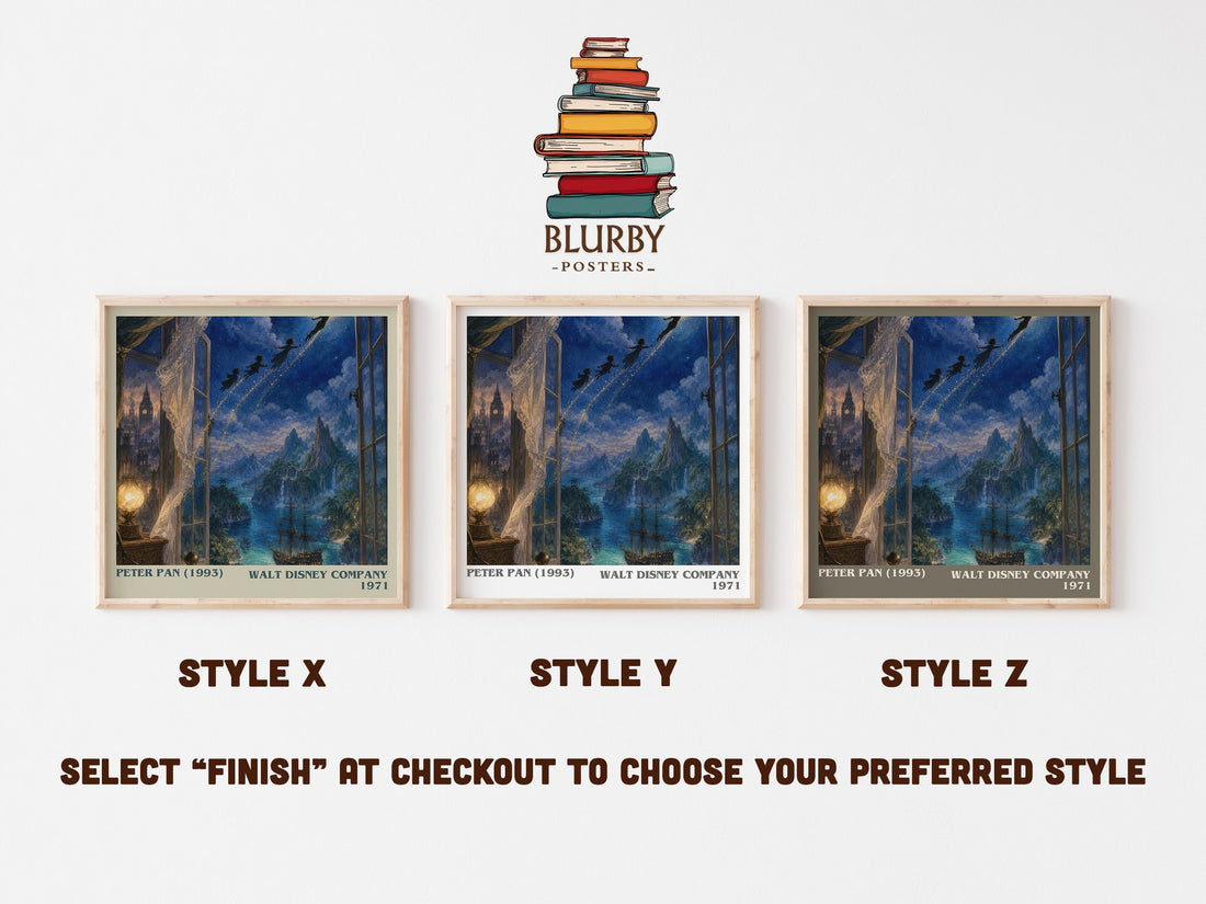 Peter Pan (1993) literary print in frame leaning in hallway – childrens wall art (mockup)