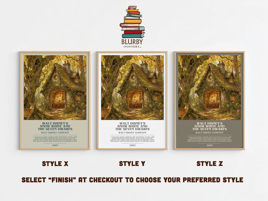 Walt Disney's Snow White and the seven dwarfs bookish print in frame leaning in hallway – childrens wall art (mockup)