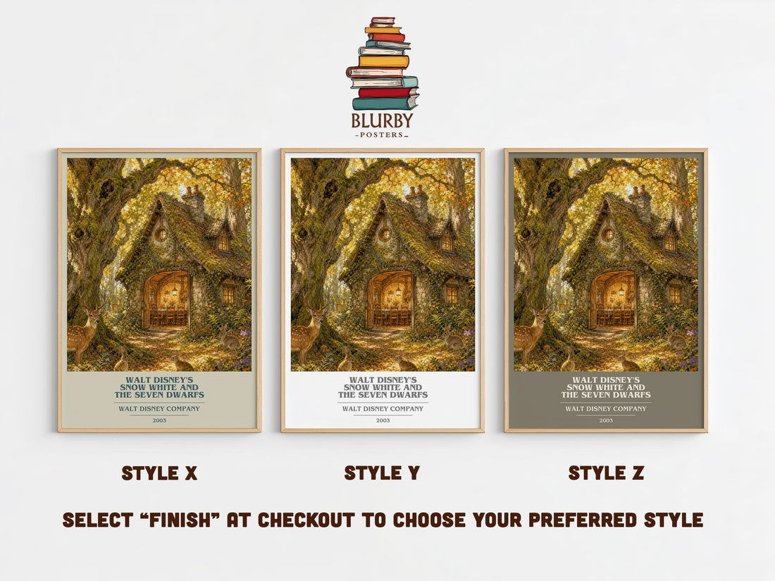 Walt Disney's Snow White and the seven dwarfs book cover print in frame leaning in hallway – childrens wall art (mockup)