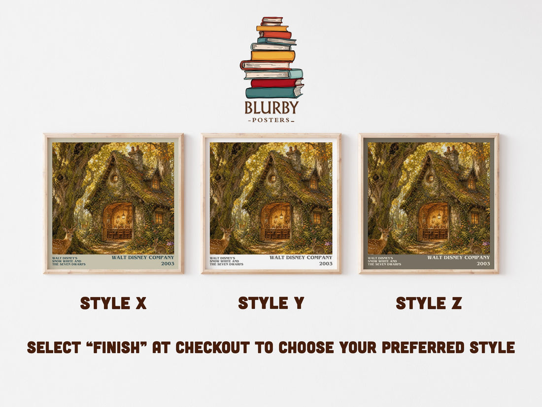 Walt Disney's Snow White and the seven dwarfs literary print in frame leaning in hallway – childrens wall art (mockup)