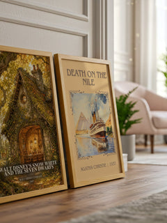 Walt Disney's Snow White and the seven dwarfs watercolour print framed by window – literary home decor