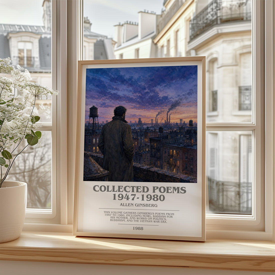 Collected Poems 1947-1980 Bookish Wall Art by Allen Ginsberg – framed print by a bright window