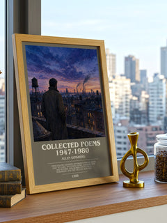 Collected Poems 1947-1980 Bookish Wall Art by Allen Ginsberg – framed print on a city-view windowsill