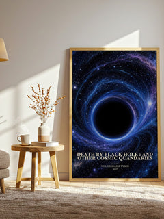 Death by black hole : and other cosmic quandaries watercolour print in frame leaning in hallway – non fiction wall art