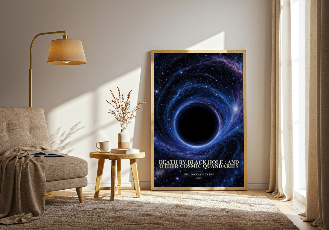 Death by black hole : and other cosmic quandaries watercolour print in frame leaning in hallway – non fiction wall art
