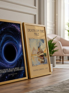 Death by black hole : and other cosmic quandaries watercolour print framed by window – literary home decor