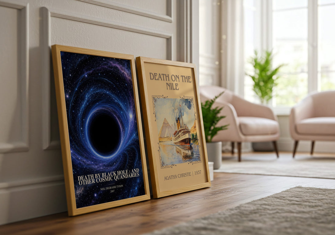Death by black hole : and other cosmic quandaries watercolour print framed by window – literary home decor