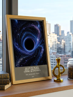 Death by black hole : and other cosmic quandaries book cover print framed by window – literary home decor