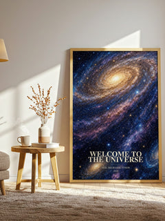 Welcome to the Universe watercolour print in frame leaning in hallway – non fiction wall art