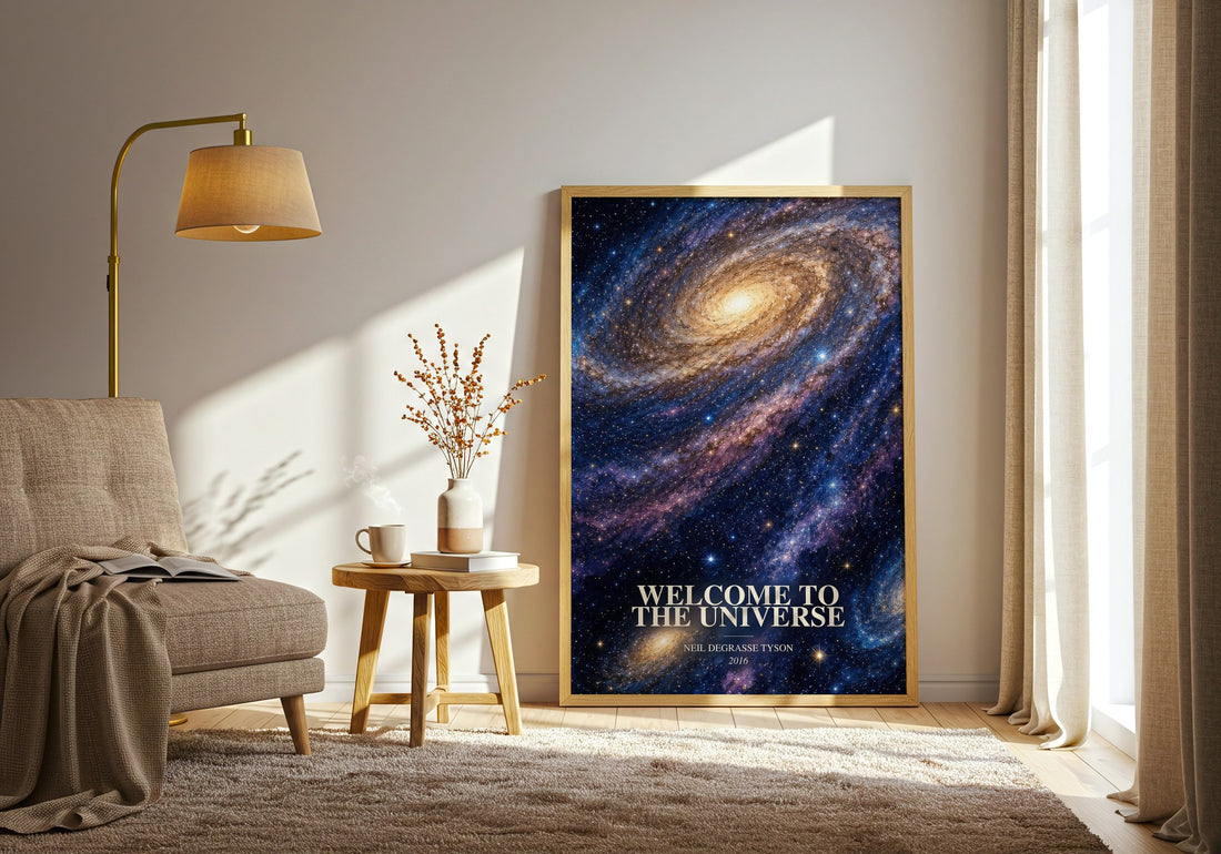 Welcome to the Universe watercolour print in frame leaning in hallway – non fiction wall art