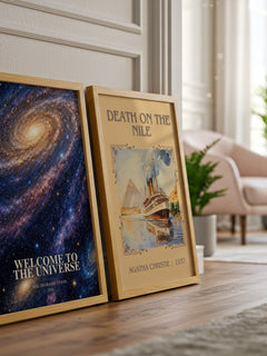 Welcome to the Universe watercolour print framed by window – literary home decor
