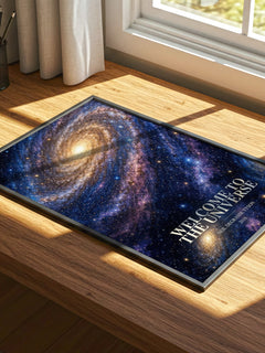 Welcome to the Universe watercolour book poster framed on wall – non fiction wall art