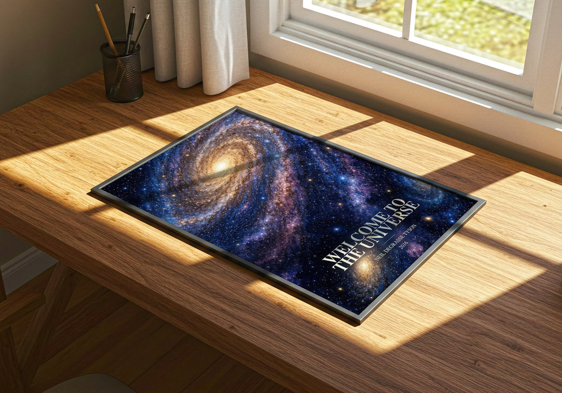 Welcome to the Universe watercolour book poster framed on wall – non fiction wall art