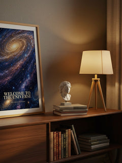 Welcome to the Universe watercolour print on bookshelf – Neil deGrasse Tyson fan gift