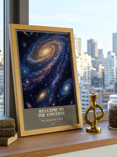 Welcome to the Universe book cover print framed by window – literary home decor