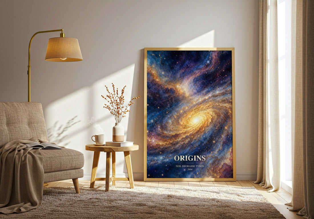 Origins watercolour print in frame leaning in hallway – non fiction wall art