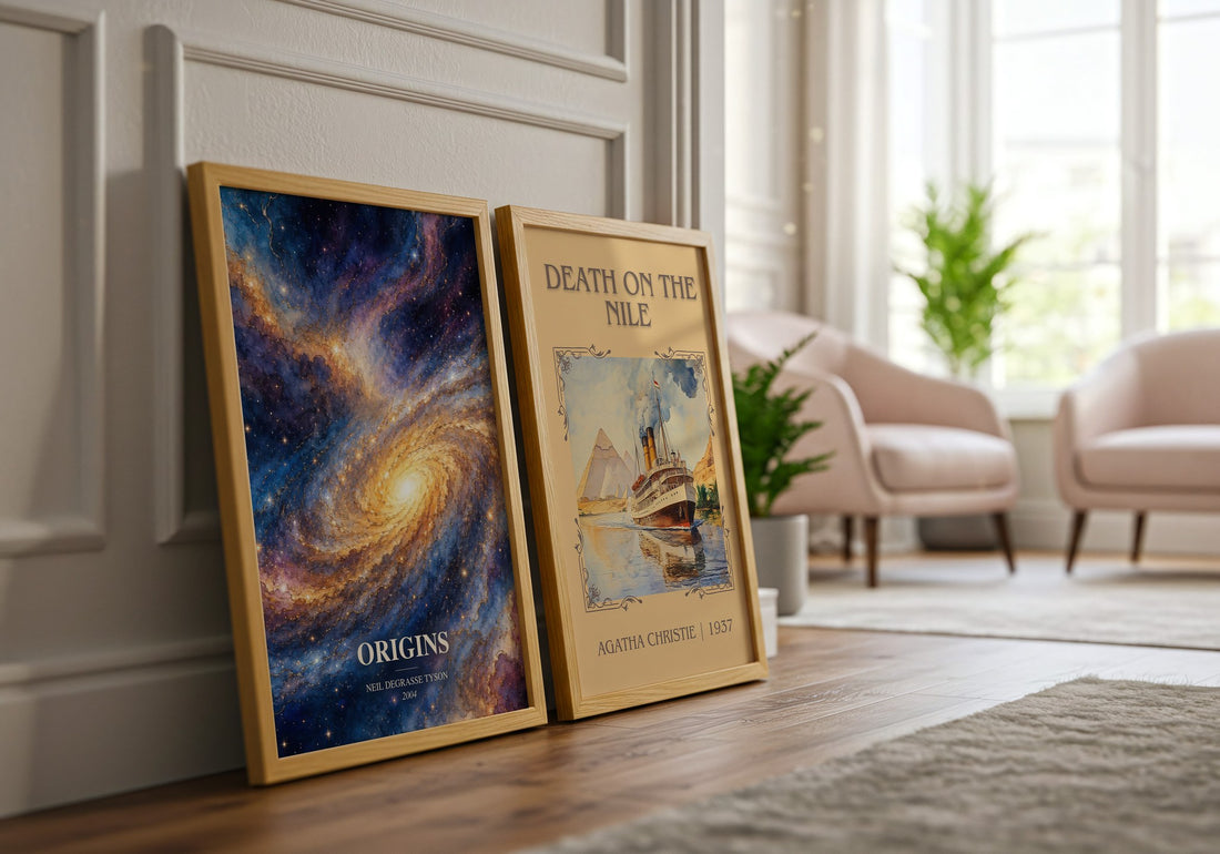 Origins watercolour print framed by window – literary home decor