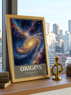Origins book cover print framed by window – literary home decor