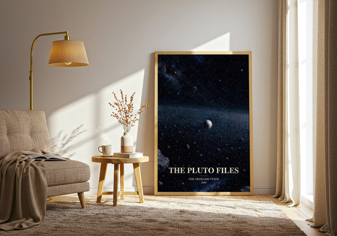 The Pluto Files watercolour print in frame leaning in hallway – non fiction wall art