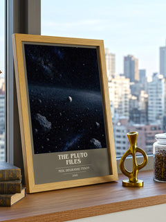 The Pluto Files Book Cover Poster by Neil deGrasse Tyson – framed print on a city-view windowsill