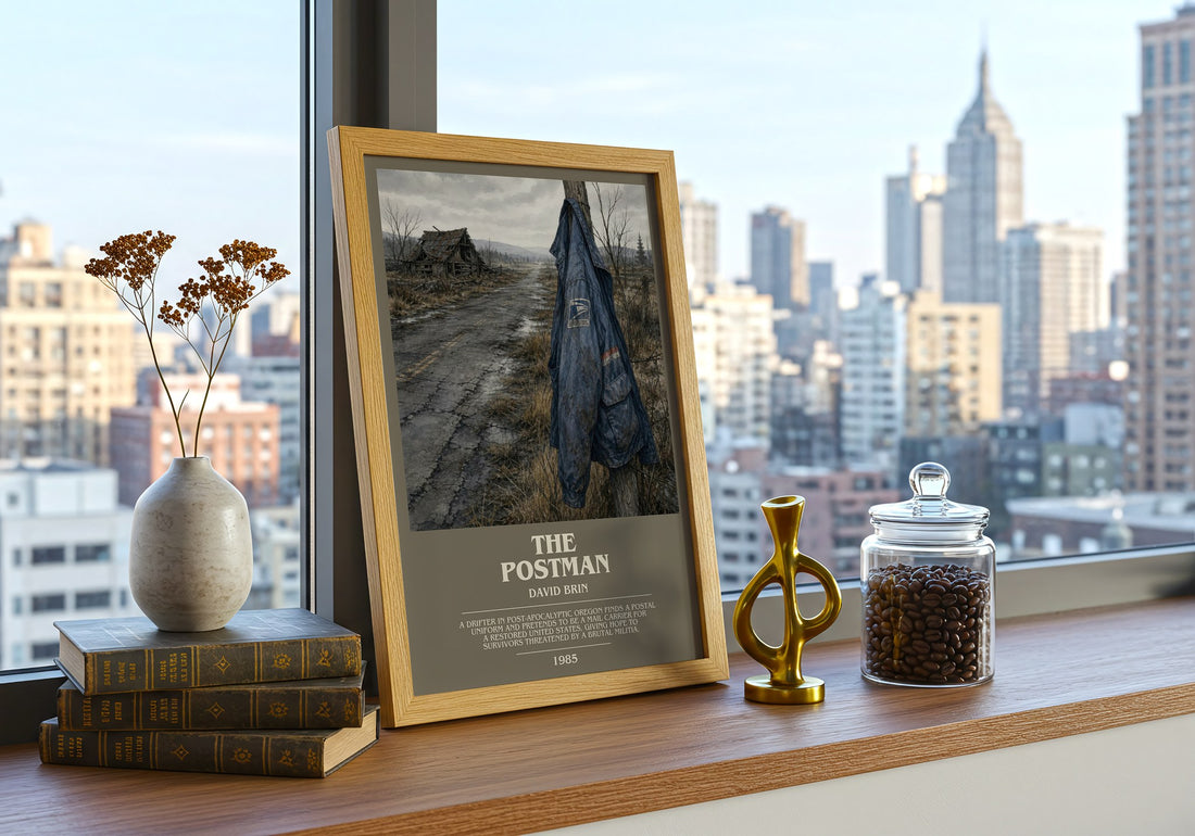 The Postman bookish print framed by window – literary home decor