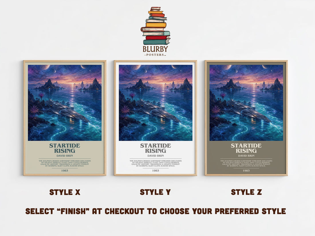 Startide Rising bookish print in frame leaning in hallway – sci fi wall art (mockup)