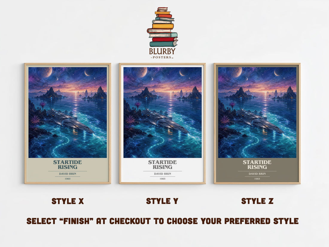 Startide Rising book cover print in frame leaning in hallway – sci fi wall art (mockup)