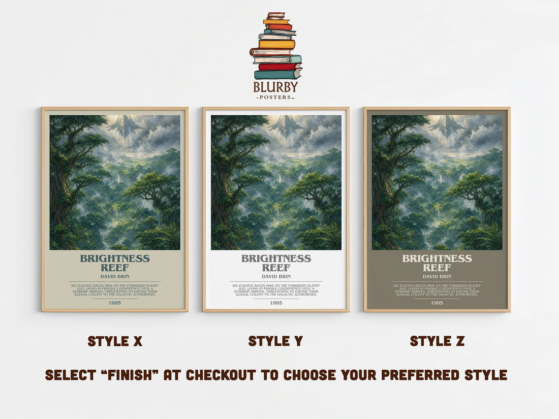 Brightness reef bookish print in frame leaning in hallway – sci fi wall art (mockup)