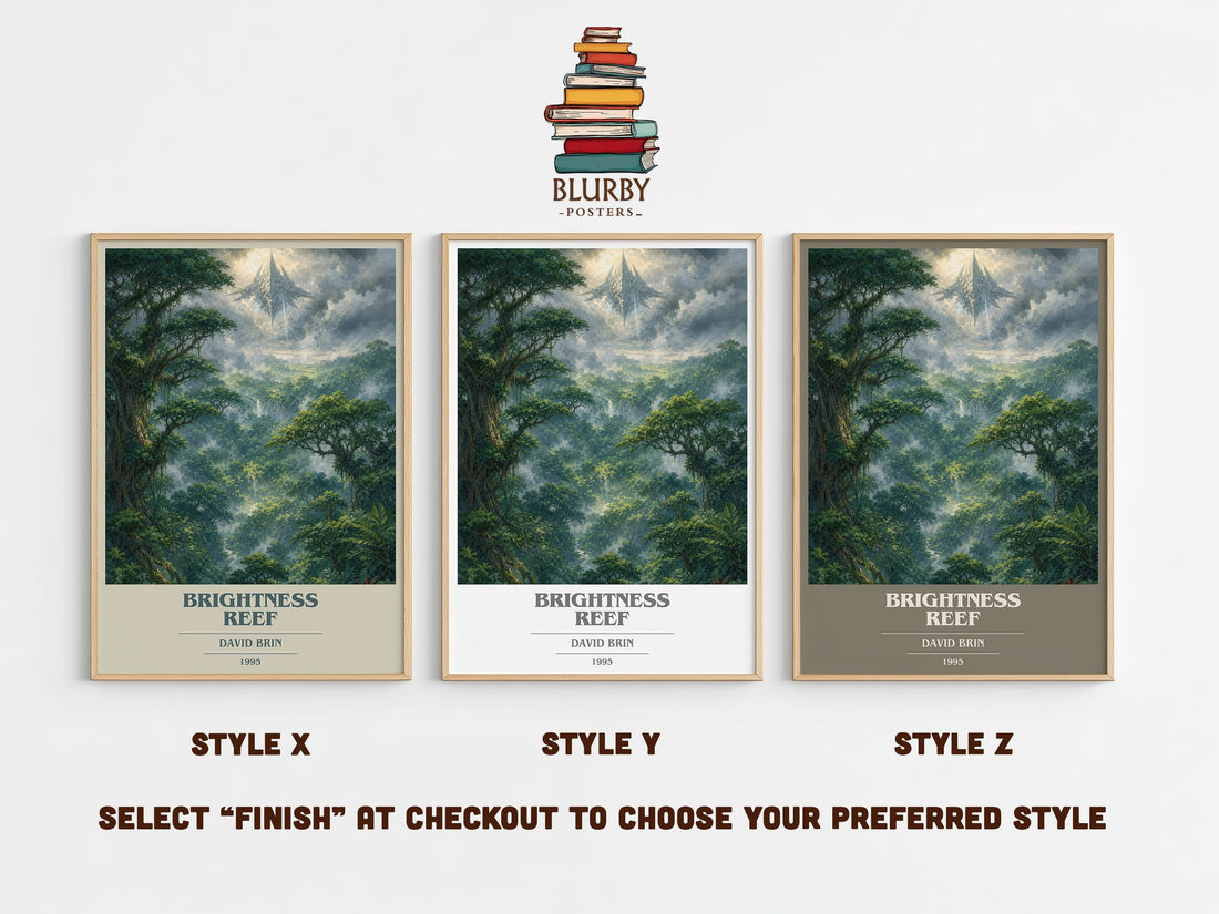 Brightness reef book cover print in frame leaning in hallway – sci fi wall art (mockup)