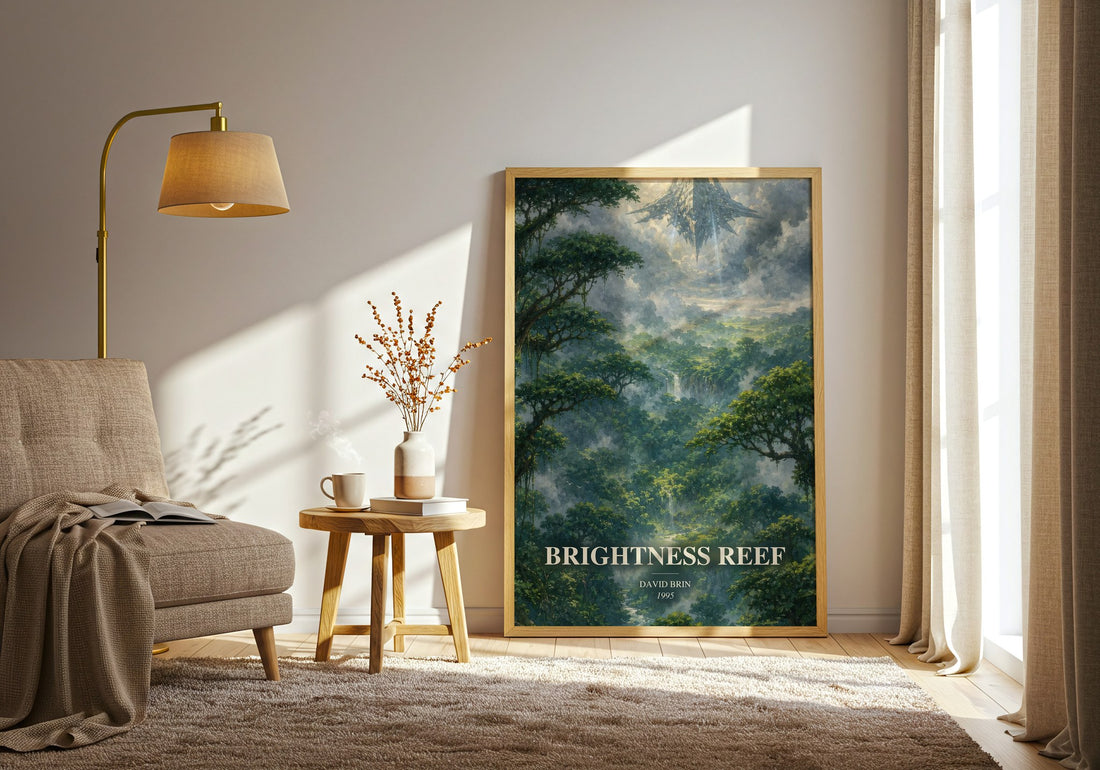 Brightness reef watercolour print in frame leaning in hallway – sci fi wall art
