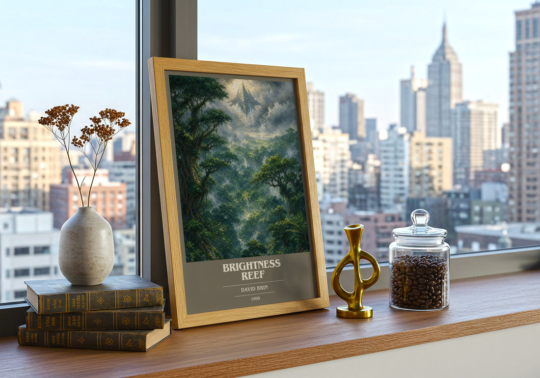 Brightness reef book cover print framed by window – literary home decor